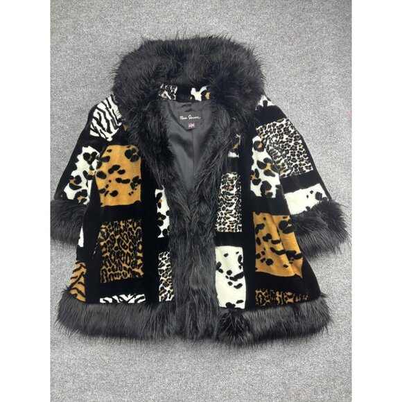 Maria Piavisioni Coat Womens Medium Animal Print Faux Fur Hooded Patchwork USA - Picture 1 of 10